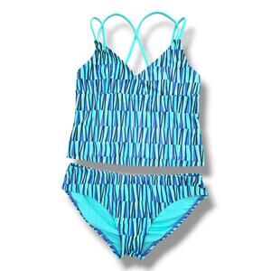 Old Navy Girls XL 14 Tankini Swimsuit Blue Geo Stripe